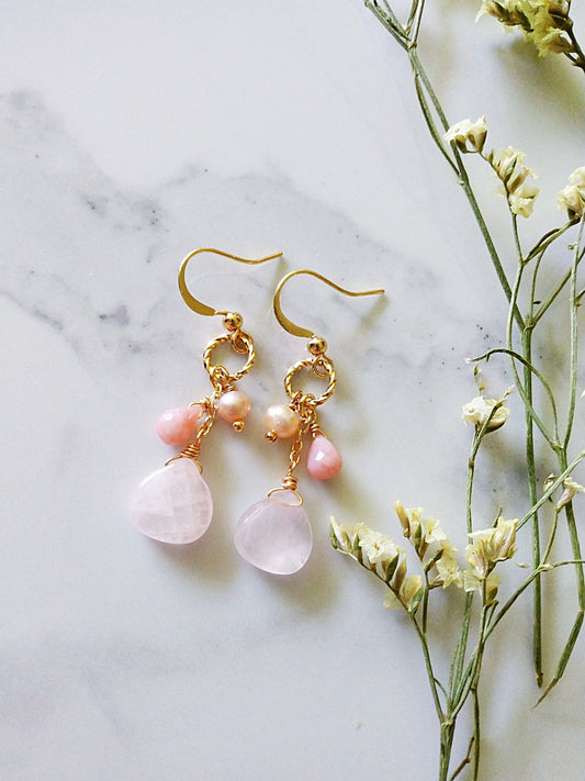 Flirty Pink Opal Rose Quartz Pearl Gold Filled Earrings E140148