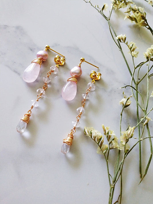 Two Ways Rose Quartz Dangle Gold Filled Earrings E140147