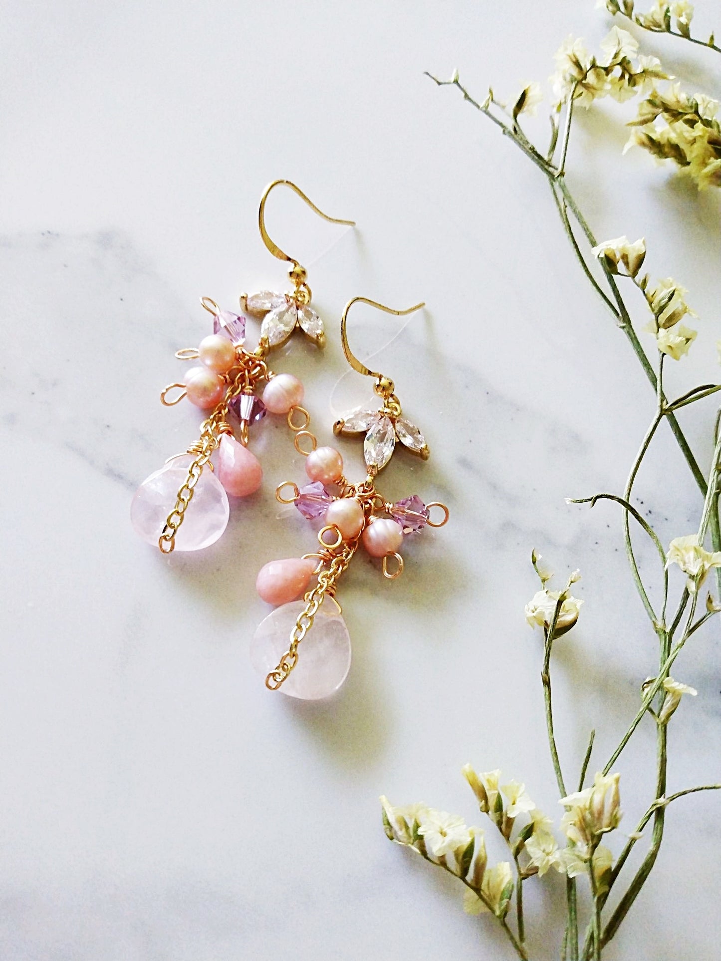 Unique Pink Opal Rose Quartz Freshwater Pearl Gold Filled Earrings E140146