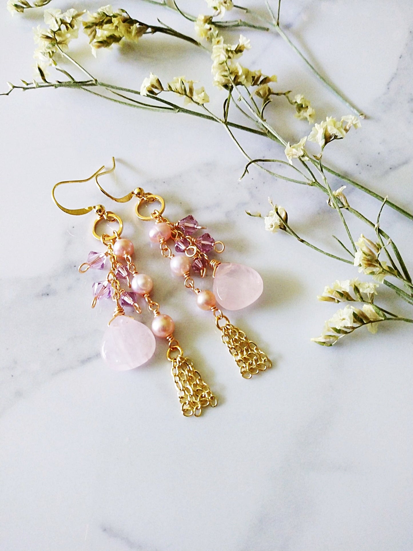 Flirty Long Sweeping Bridal Rose Quartz Gold Filled Earrings E140145