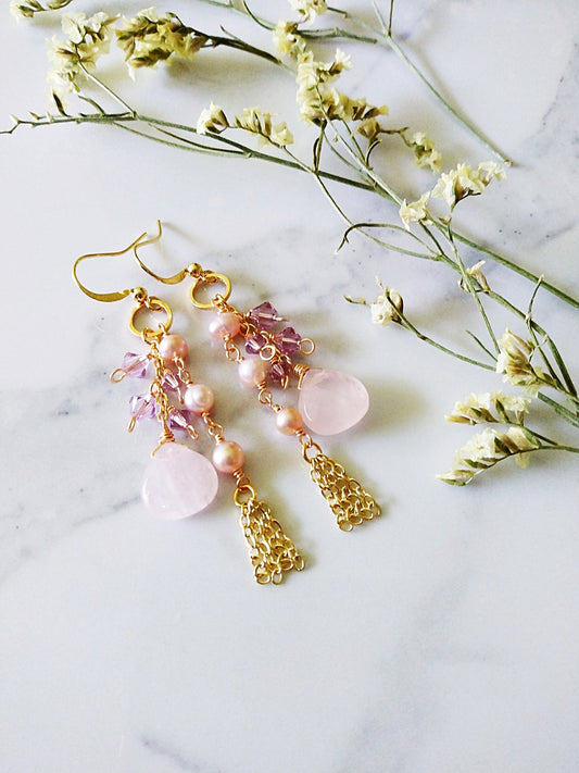 Flirty Long Sweeping Bridal Rose Quartz Gold Filled Earrings E140145