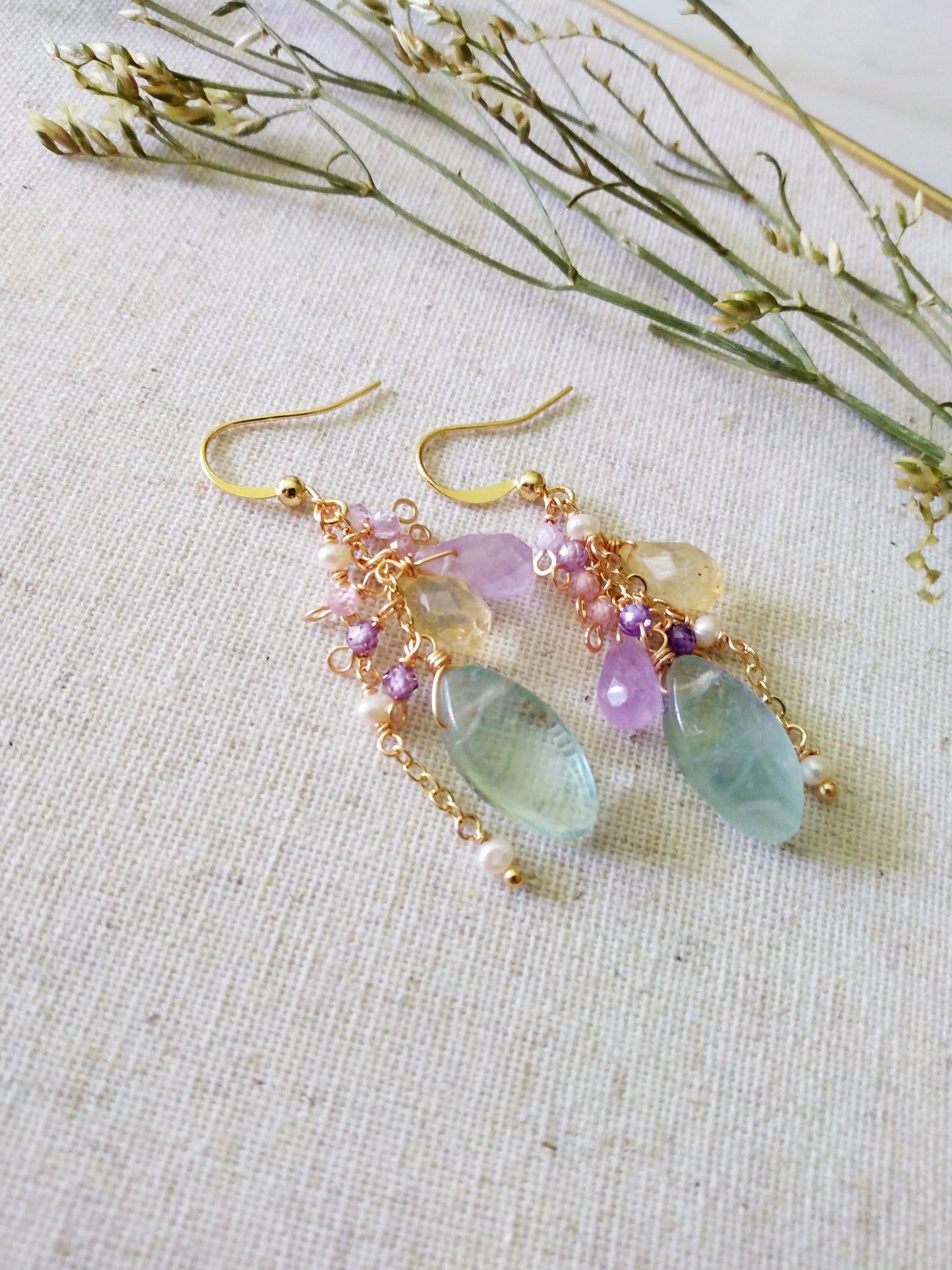 Statement Bridal Green Fluorite Citrine Amethyst Pearl Gold Filled Earrings E140173
