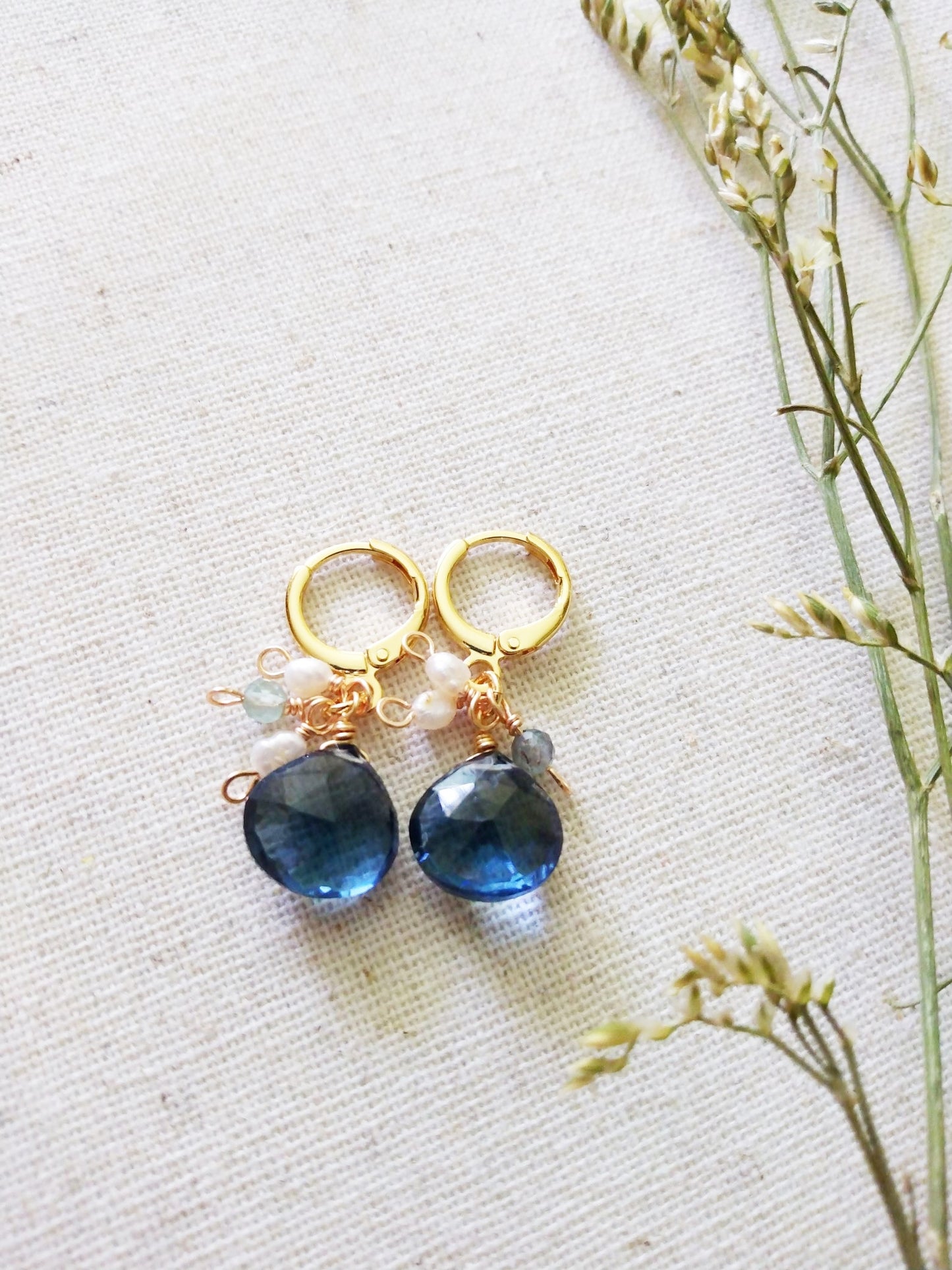 London Blue Topaz Semi Precious Gemstone Pearl Gold Filled Huggie Earrings E140169