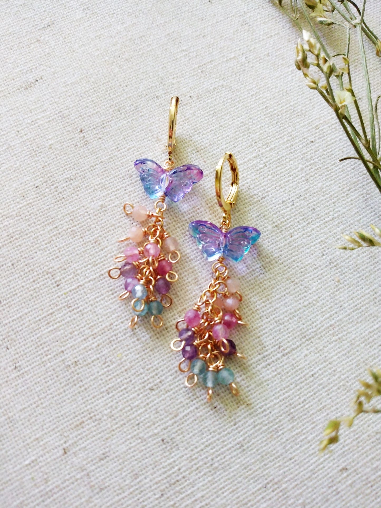 Butterfly Pink Opal Tourmaline Amethyst Apatite Gemstone Clusters Gold Huggie Earrings E140167