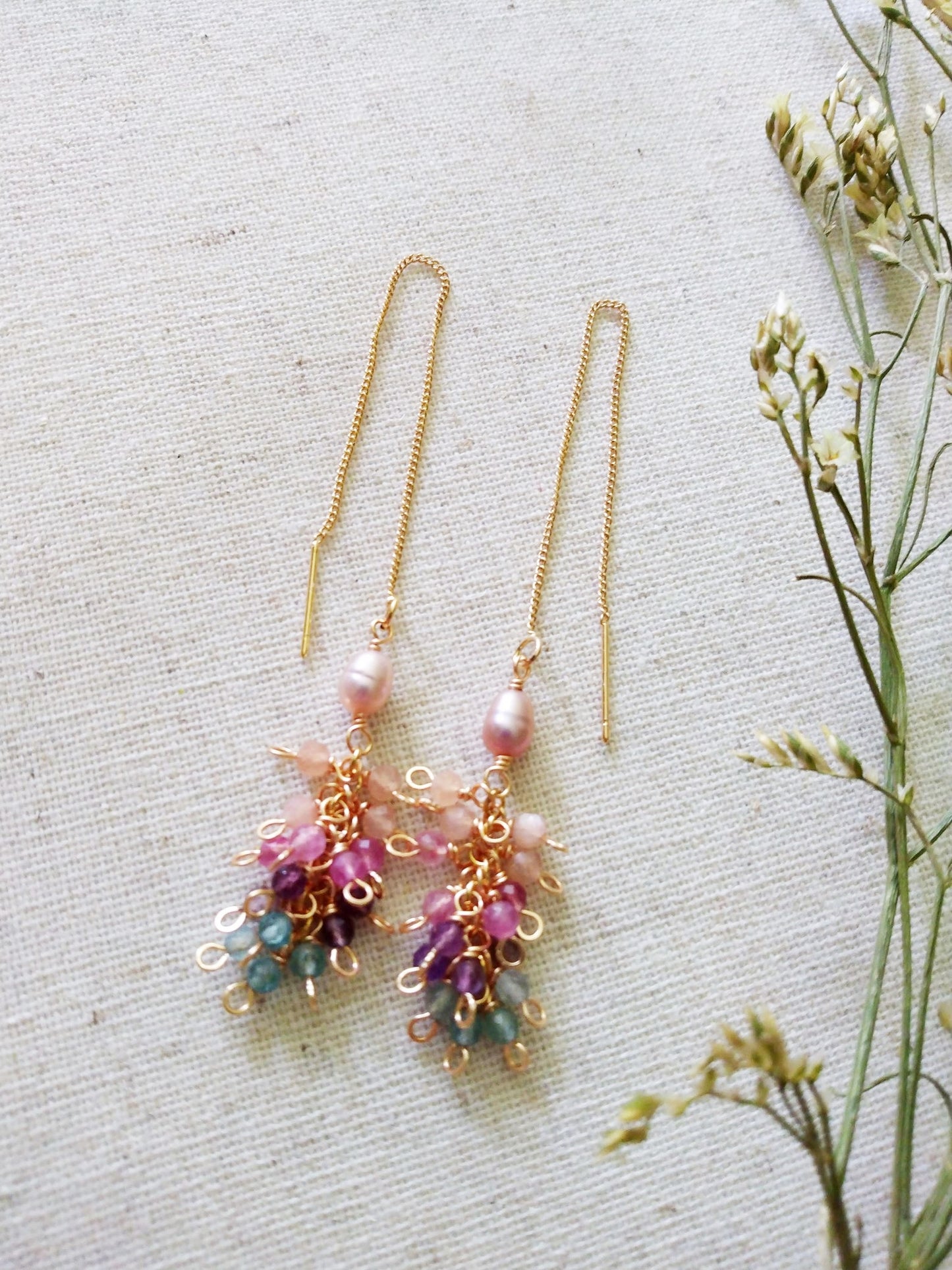 Adjustable Long Pearl Tourmaline Pink Opal Apatite Amethyst Gold Filled Earrings E140166