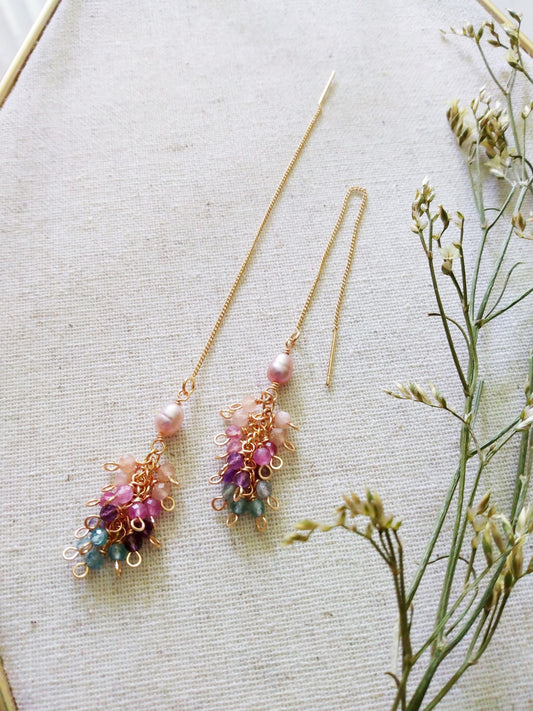 Adjustable Long Pearl Tourmaline Pink Opal Apatite Amethyst Gold Filled Earrings E140166