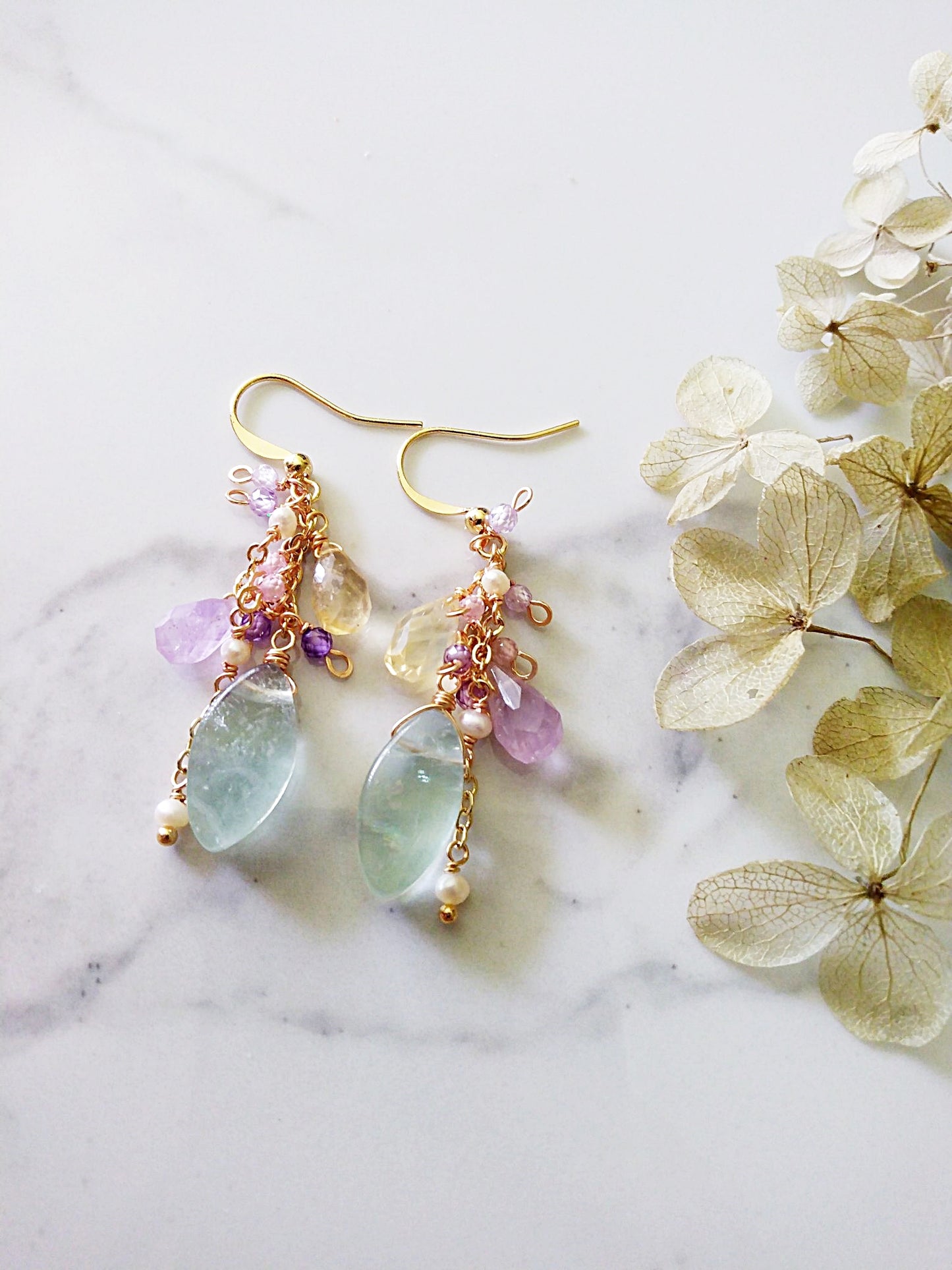 Statement Bridal Green Fluorite Citrine Amethyst Pearl Gold Filled Earrings E140173