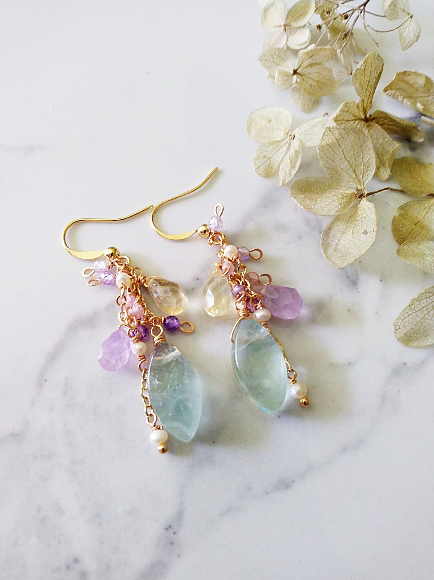 Statement Bridal Green Fluorite Citrine Amethyst Pearl Gold Filled Earrings E140173