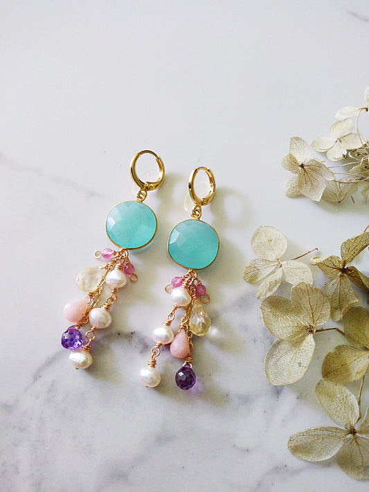 Blue Chalcedony Baroque Pearl Pink Opal Amethyst Tourmaline Gold Filled Earrings E140171