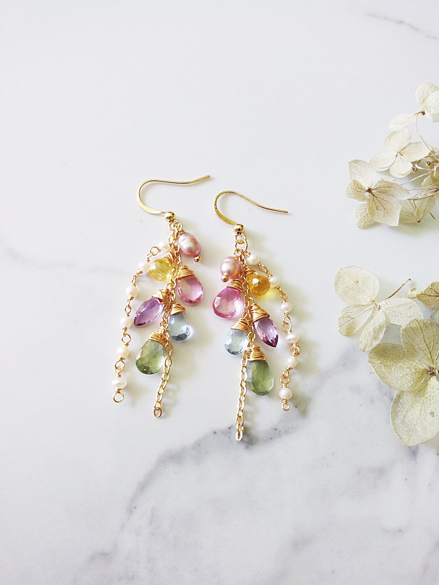 Multi Semi Precious Briolette Gemstone Cluster Gold Filled Earrings E140170