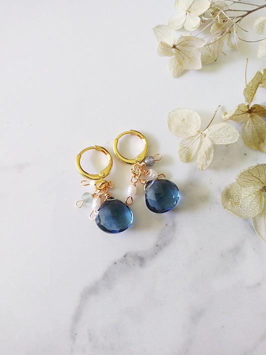 London Blue Topaz Semi Precious Gemstone Pearl Gold Filled Huggie Earrings E140169