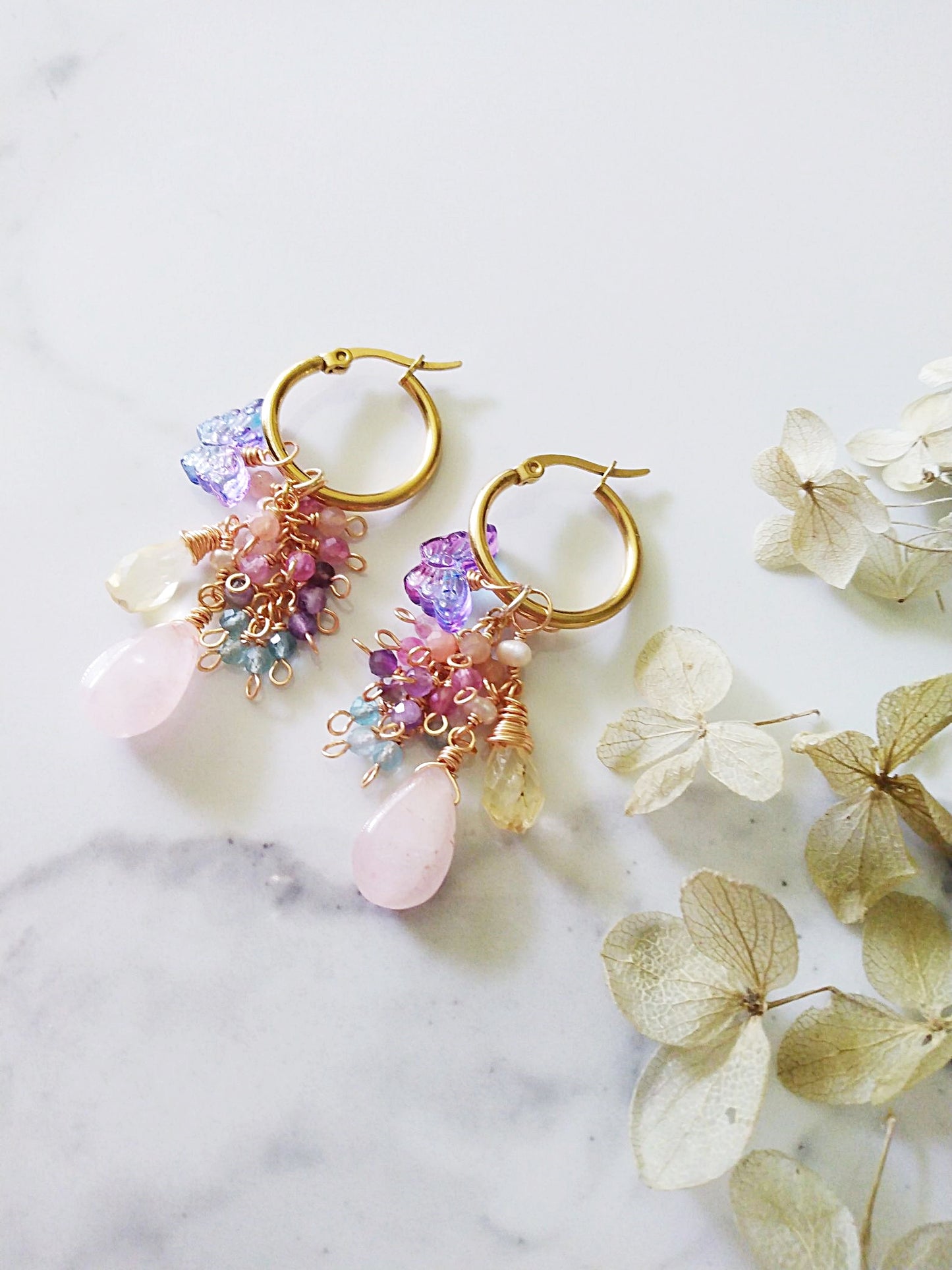 Multi Semi Precious Gemstone Clusters Gold Huggie Earrings E140168