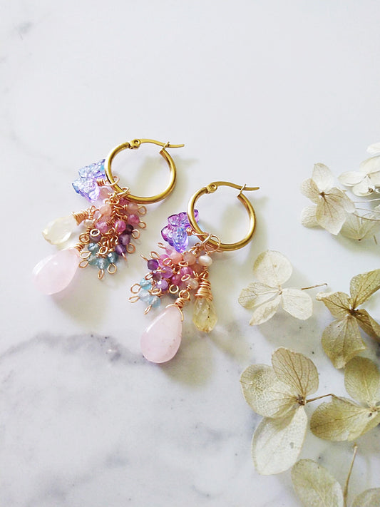 Multi Semi Precious Gemstone Clusters Gold Huggie Earrings E140168