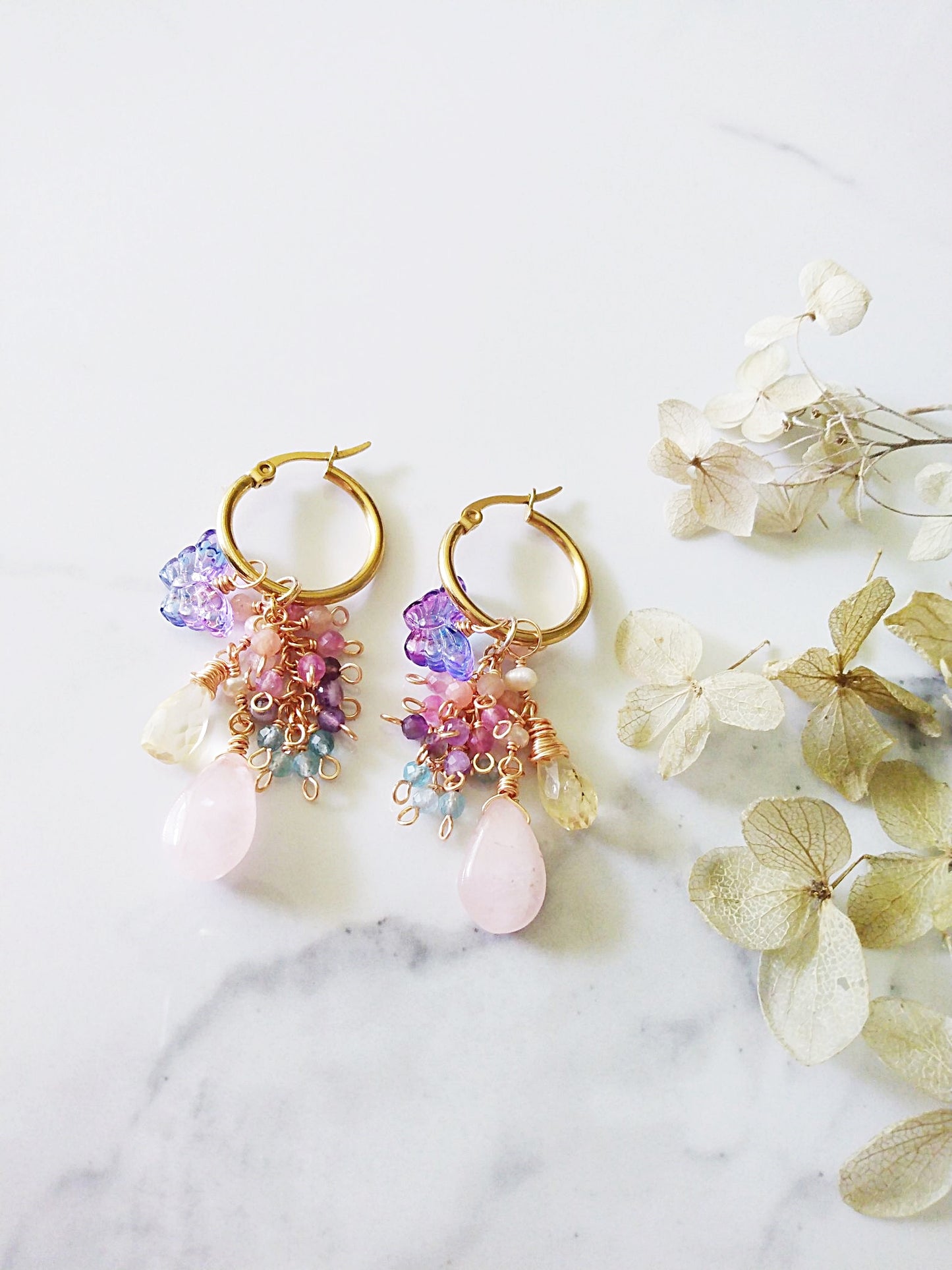 Multi Semi Precious Gemstone Clusters Gold Huggie Earrings E140168