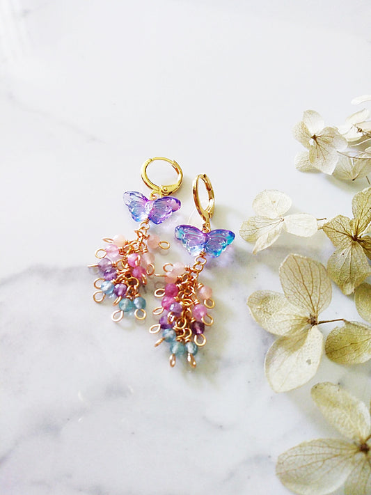 Butterfly Pink Opal Tourmaline Amethyst Apatite Gemstone Clusters Gold Huggie Earrings E140167