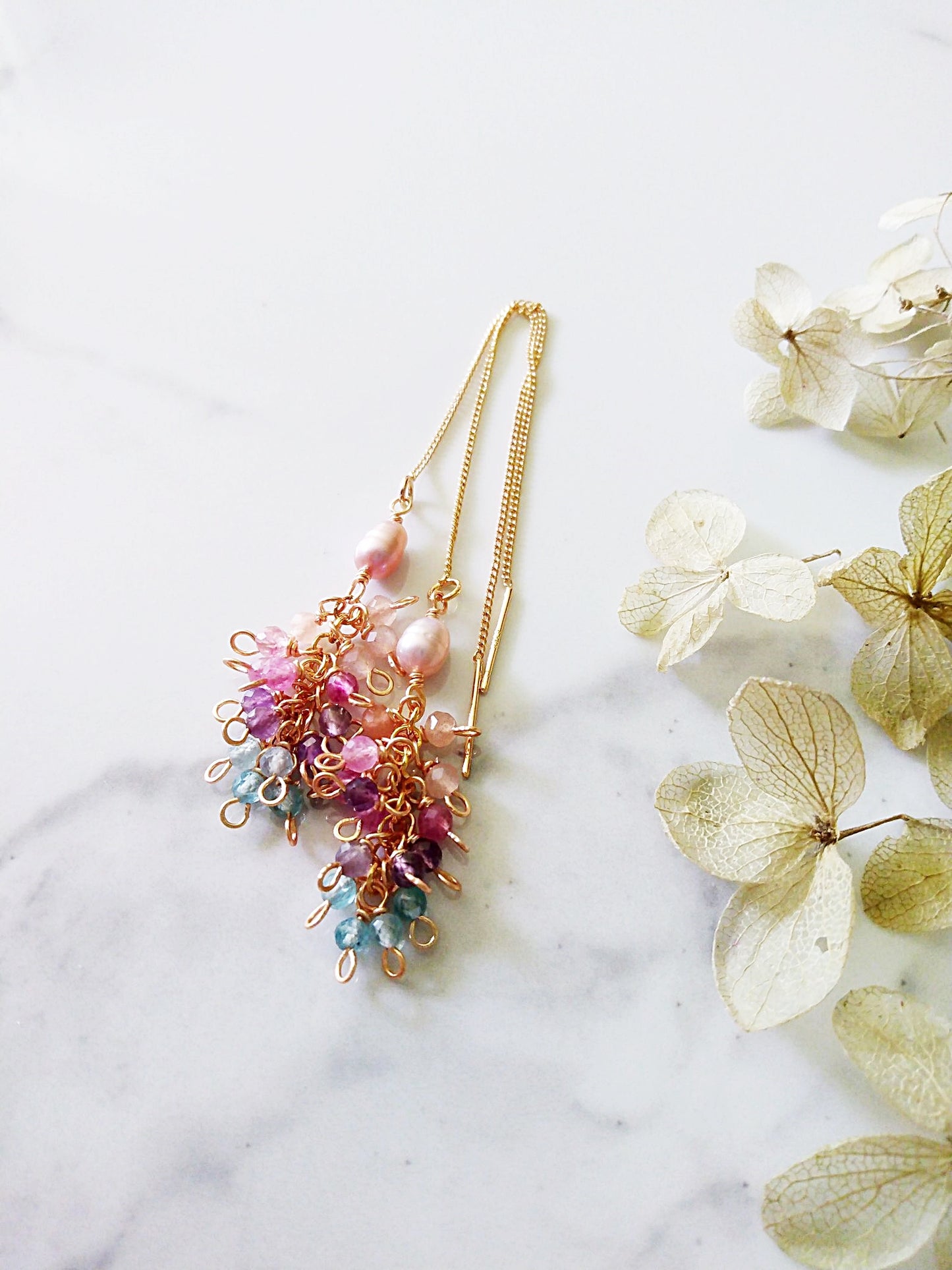 Adjustable Long Pearl Tourmaline Pink Opal Apatite Amethyst Gold Filled Earrings E140166
