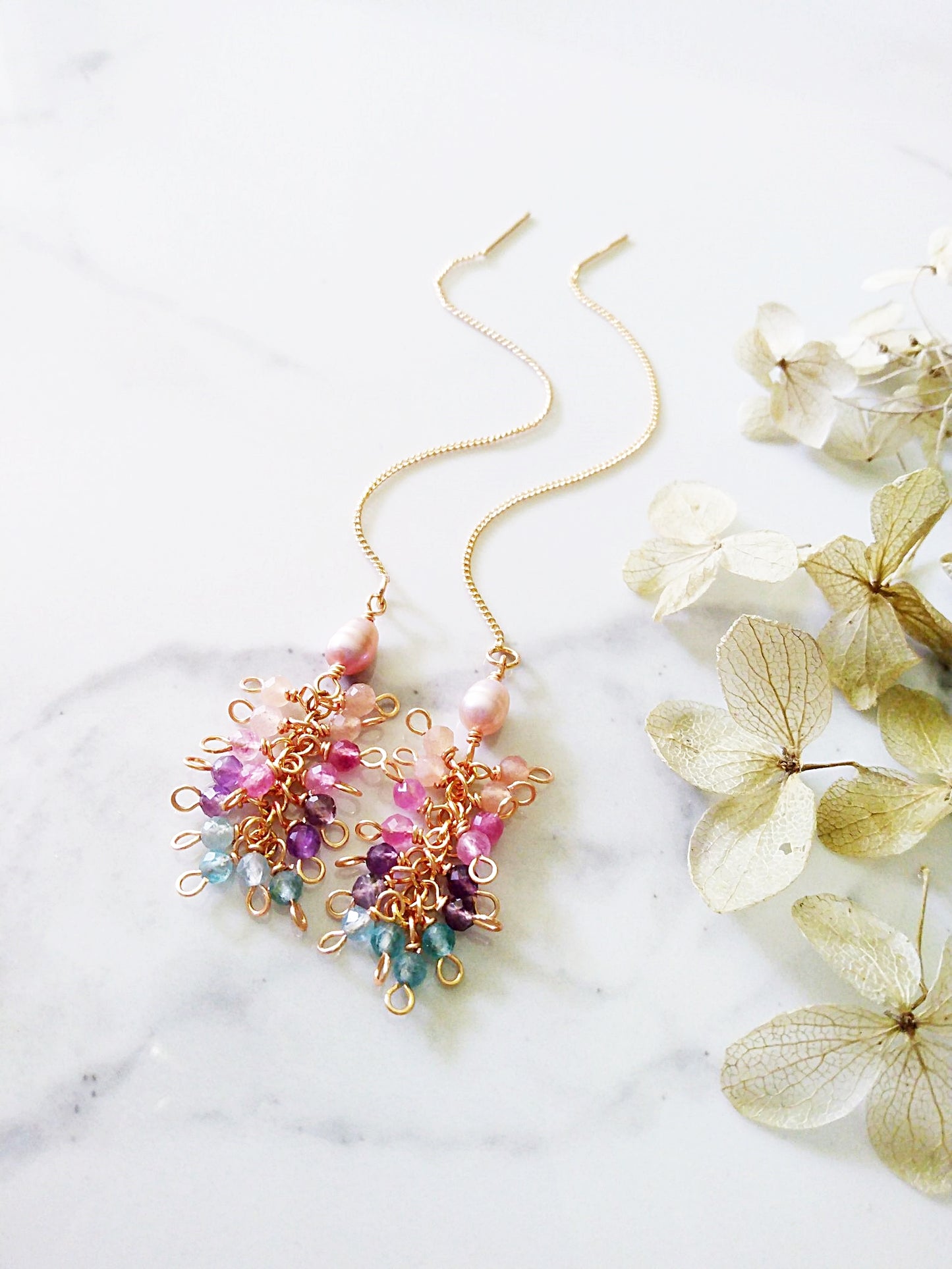 Adjustable Long Pearl Tourmaline Pink Opal Apatite Amethyst Gold Filled Earrings E140166